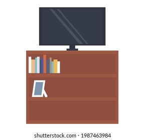 TV on wooden stand. Cheast of drawers for TV vector illustration. Living room interior design element, big cabinet with screen. Televisor monitor standing on chest of drawers with books on shelves