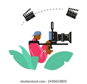 TV operator or videographer records film on professional camera. Cartoon movie video production, video shooting process. Vector video maker character flat illustration with leaves and film clapper