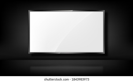 Tv panel on the black background. Realistic TV screen. 3d blank led monitor mockup