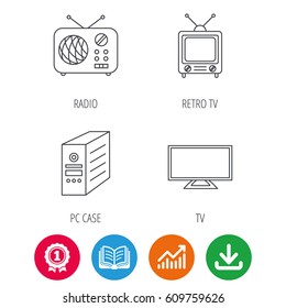 TV, PC Case And Retro Radio Icons. Retro TV Linear Sign. Award Medal, Growth Chart And Opened Book Web Icons. Download Arrow. Vector