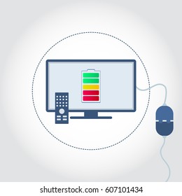 Tv with a plug plugged in and battery symbol on monitor showing charge level. Empty space for insert text.