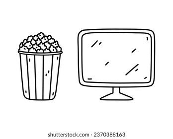 TV with popcorn isolated on white background. Watching a movie at home. Vector hand-drawn illustration in doodle style. Perfect for logo, decorations, various designs.