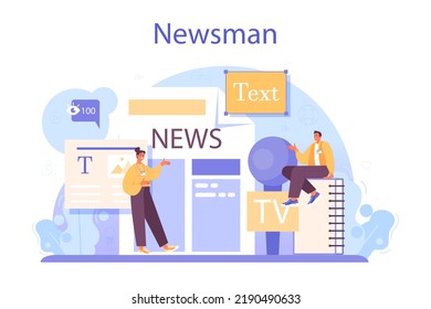 TV presenter concept. Journalist in a studio hosting an entertaining or informative show. Broadcaster speaking on camera, reporting news. Flat vector illustration