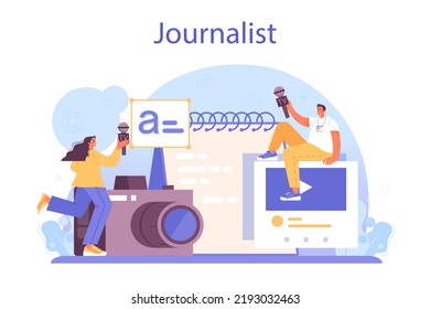 TV presenter concept. Journalist in a studio hosting an entertaining or informative show. Broadcaster speaking on camera, reporting news. Flat vector illustration