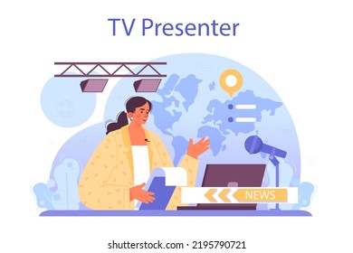 TV presenter concept. Journalist in a studio hosting an entertaining or informative show. Broadcaster speaking on camera, reporting news. Flat vector illustration