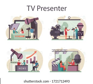 TV presenter concept set. Television host in studio. Broadcaster speaking on camera, reporting news. Isolated vector illustration