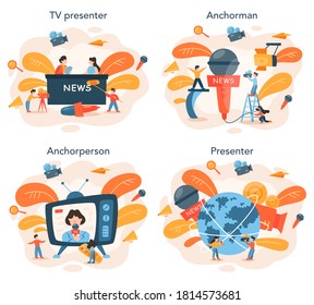 TV presenter concept set. Television host in studio. Broadcaster speaking on camera, reporting news. Isolated vector illustration