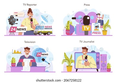 TV presenter concept set. Television host in a studio doing an entertaining show. Broadcaster speaking on camera, reporting news. Isolated vector illustration