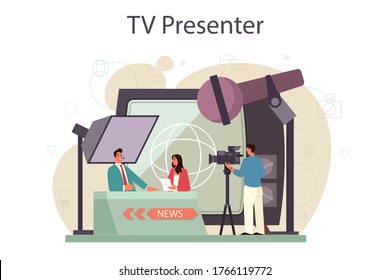 TV presenter concept. Television host in studio. Broadcaster speaking on camera, reporting news. Isolated vector illustration