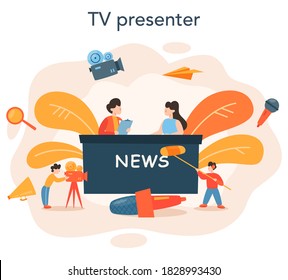 TV presenter concept. Television host in studio. Broadcaster speaking on camera, reporting news. Isolated vector illustration