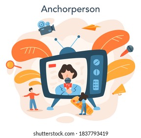 TV presenter concept. Television host in studio. Broadcaster speaking on camera, reporting news. Isolated vector illustration