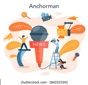 concepto de presentador de TV. Presentador de televisión en estudio. Transmisor hablando en cámara, informando noticias. Ilustración vectorial aislada