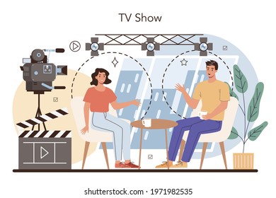 TV presenter concept. Television host in studio. Broadcaster speaking on camera, reporting news. Isolated vector illustration