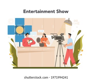 TV presenter concept. Television host in a studio doing an entertaining show. Broadcaster speaking on camera, reporting news. Isolated vector illustration