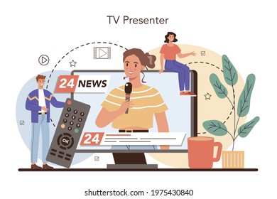 TV presenter concept. Television host in studio. Broadcaster speaking on camera, reporting news. Isolated vector illustration - Shutterstock ID 1975430840