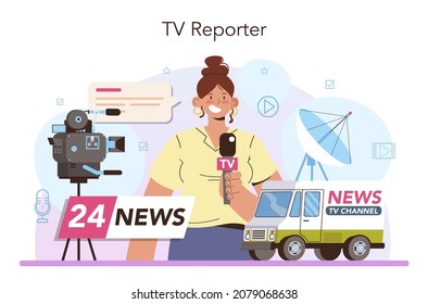 TV presenter concept. Television host in a studio doing an entertaining show. Broadcaster speaking on camera, reporting news. Isolated vector illustration