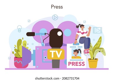 TV presenter concept. Television host in a studio doing an entertaining show. Broadcaster speaking on camera, reporting news. Isolated vector illustration