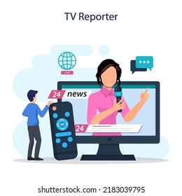 TV presenter concept. Television host in studio. Broadcaster speaking on camera, reporting news. Flat vector illustration