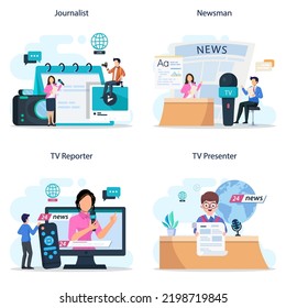 TV presenter concept. Television host in studio. Broadcaster speaking on camera, reporting news. Flat vector illustration