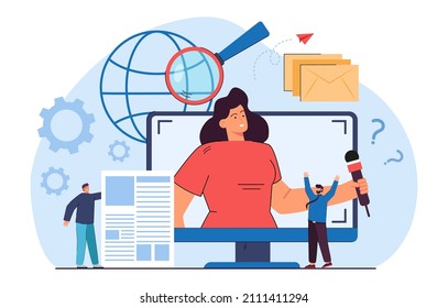 TV presenter giving report on huge screen and tiny journalists. Different types of media: press, television, digital information flat vector illustration. Communication, news, journalism concept