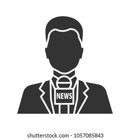 TV presenter glyph icon. News reporter with microphone. TV host. Silhouette symbol. Negative space. Vector isolated illustration