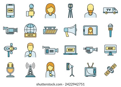 TV presenter interview icons set. Outline set of TV presenter interview vector icons thin line color flat on white