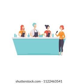 TV presenter interviewing cooks who cooking food in a TV studio vector Illustration on a white background
