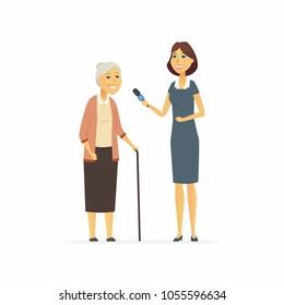 TV presenter interviewing senior woman - cartoon people character isolated illustration on white background. A young girl, female journalist asking questions to a senior woman, making a survey