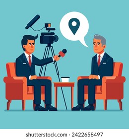 A TV presenter interviews a famous man with gray hair on a video camera
