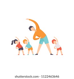 TV presenter and kids doing sports in TV studio, fitness show vector Illustration on a white background
