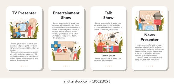 TV presenter mobile application banner set. Television host in a studio