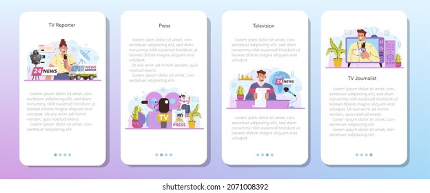 TV presenter mobile application banner set. Television host in a studio doing an entertaining show. Broadcaster speaking on camera, reporting news. Isolated vector illustration