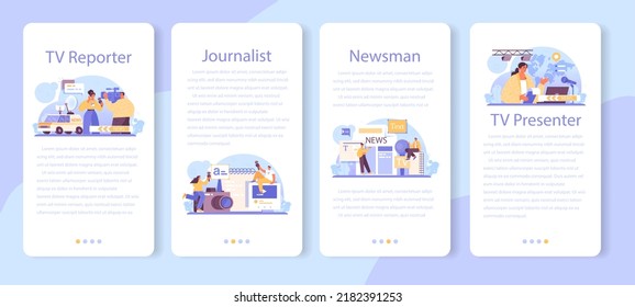 TV presenter mobile application banner set. Journalist in a studio hosting an entertaining or informative show. Broadcaster speaking on camera, reporting news. Flat vector illustration