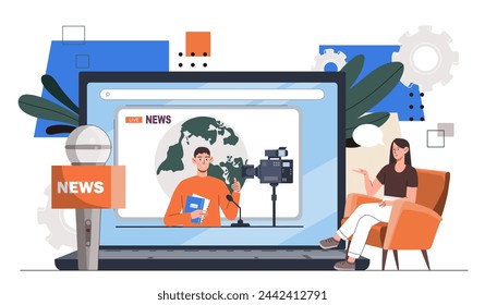 TV presenter online concept. Woman look at smartphone screen to man with microphone. Mass media and news. Evening rest with television. Cartoon flat vector illustration isolated on white background