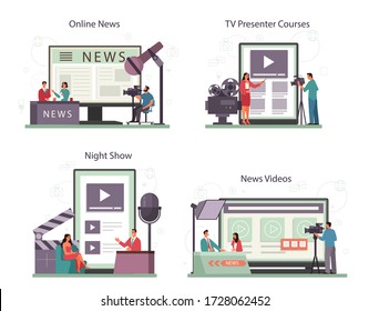 TV presenter online service or platform set. Television host in studio. Broadcaster speaking on camera, reporting news. Online news, night show, tv presenter course. Isolated vector illustration