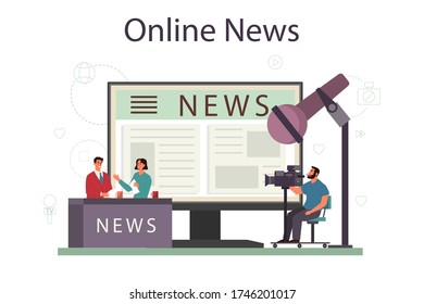 TV presenter online service or platform. Television host in studio. Broadcaster speaking on camera, reporting news. Online news. Isolated vector illustration