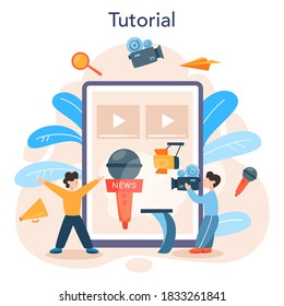 TV presenter online service or platform. Television host in studio. Broadcaster speaking on camera, reporting news. Online tutorial. Isolated vector illustration