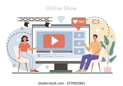 TV presenter online service or platform. Television host in studio. Broadcaster speaking on camera, reporting news. Online show. Flat vector illustration