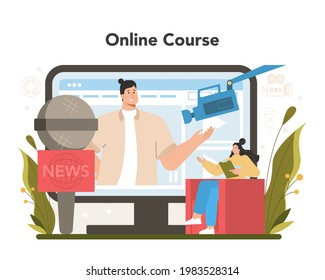 TV presenter online service or platform. Television host in a studio. Broadcaster speaking on camera. Online course. Flat vector illustration