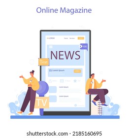 TV presenter online service or platform. Journalist hosting an entertaining or informative show. Broadcaster reporting news. Online magazine. Flat vector illustration