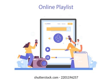 TV presenter online service or platform. Journalist hosting an entertaining or informative show. Broadcaster reporting news. Online playlist. Flat vector illustration