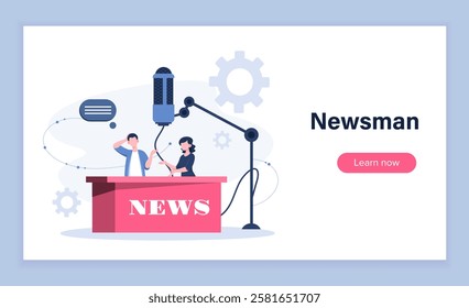 TV presenter poster. Man and woman near huge microphone. Mass media and journalists, news presenter. Broadcast and podcast. Landing webpage design. Flat vector illustration