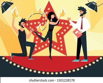 Tv Presenter Stand on Stage with Young Beautiful Couple Dancing and Juggling with Fire Performing Entertainment with Flame Talent Show Program for Judges and Viewers. Cartoon Flat Vector Illustration