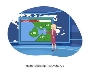 TV presenter tell the weather forecast and temperature in different cities. Weather reporter pointing at map in studio. Flat vector illustration on abstract background.