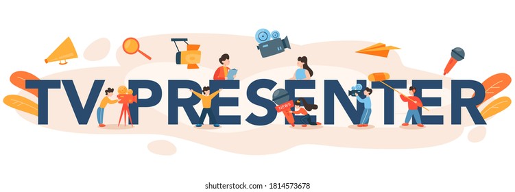 encabezado tipográfico del presentador de TV. Presentador de televisión en estudio. Transmisor hablando en cámara, informando noticias. Ilustración vectorial aislada