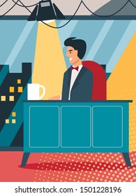 Tv Presenter Wearing Blazer with Neck Tie Sitting at Table with Cup under Glowing Light Equipment in Studio on City View Background. Night Entertainment Show or News. Cartoon Flat Vector Illustration