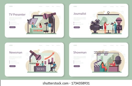 Banner web del presentador de TV o juego de página de inicio. Presentador de televisión en estudio. Transmisor hablando en cámara, informando noticias. Ilustración vectorial aislada