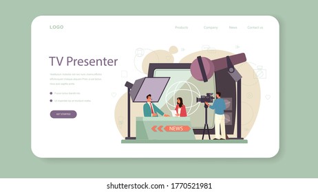 TV presenter web banner or landing page. Television host in studio. Broadcaster speaking on camera, reporting news. Isolated vector illustration