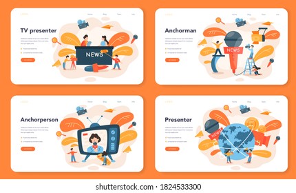TV presenter web banner or landing page set. Television host in studio. Broadcaster speaking on camera, reporting news. Isolated vector illustration