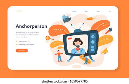 TV presenter web banner or landing page. Television host in studio. Broadcaster speaking on camera, reporting news. Isolated vector illustration